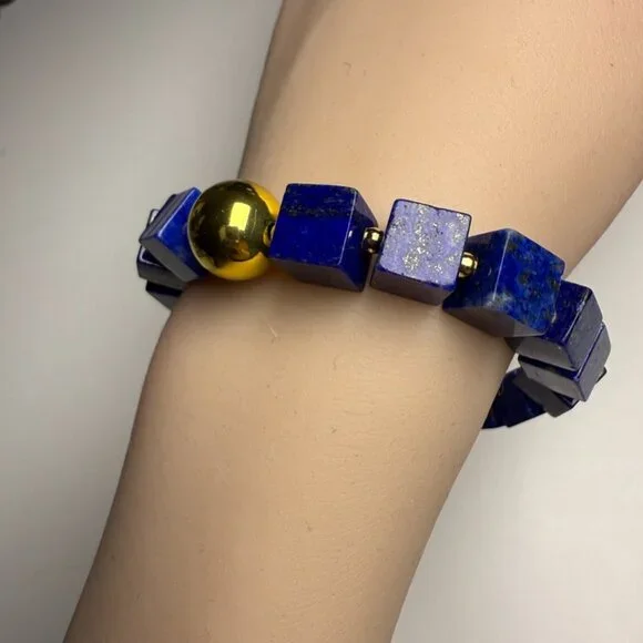 Modern Lapis Lazuli Cube Bracelet + Earrings Set - Picture 4 of 9